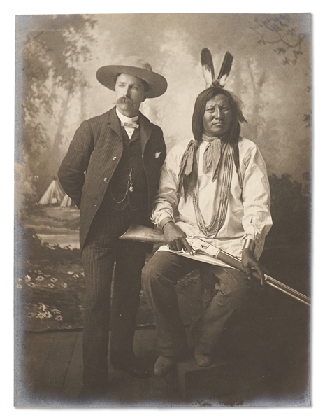 Lot of Two Photographs by David F. Barry -- Includes Photo of Barry with Chief Rain-in-the-Face, the Lakota Warrior Rumored to Have Killed George A. Custer in the Battle of Little Bighorn