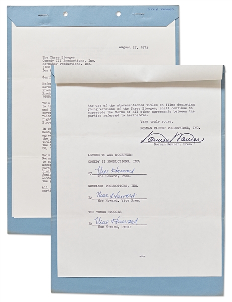 Moe Howard Contract Signed Three Times Regarding Use of the Title ''The Little Stooges'' -- Dated 27 August 1973, 2pp. Document on 2 Sheets -- Near Fine Condition