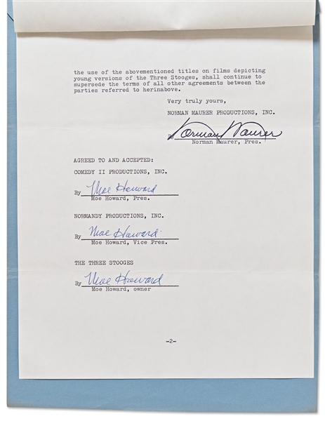 Moe Howard Contract Signed Three Times Regarding Use of the Title ''The Little Stooges'' -- Dated 27 August 1973, 2pp. Document on 2 Sheets -- Near Fine Condition