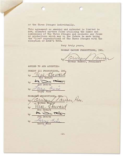 Three Stooges Contract Signed Twice by All Three: Moe Howard, Larry Fine & Joe DeRita -- Dated 3 September 1971 Regarding a Cartoon Series -- 2pp. Plus Letter on 3 Sheets -- Near Fine Condition