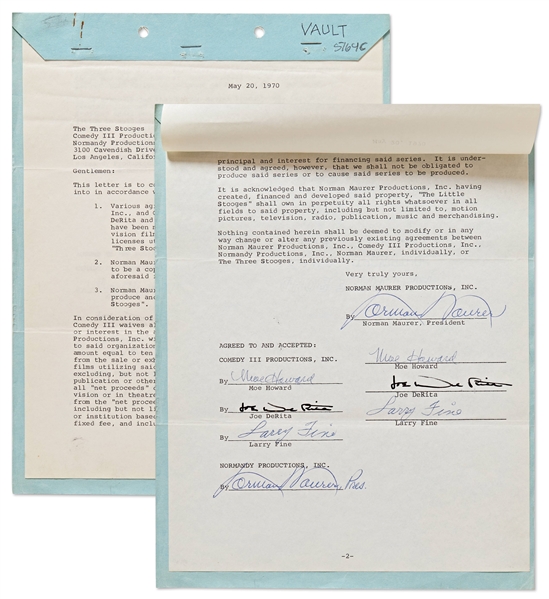 Three Stooges Contract Signed Twice by All Three: Moe Howard, Larry Fine & Joe DeRita -- Dated 20 May 1970, Contract Runs 2pp. on 2 Sheets -- Near Fine Condition