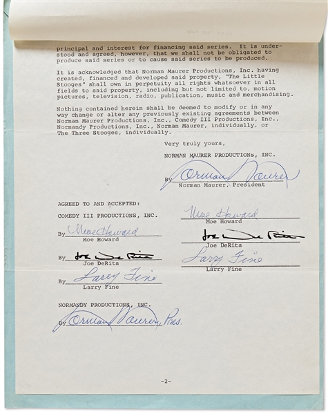 Three Stooges Contract Signed Twice by All Three: Moe Howard, Larry Fine & Joe DeRita -- Dated 20 May 1970, Contract Runs 2pp. on 2 Sheets -- Near Fine Condition