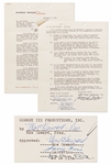 Three Stooges Contract Signed Twice by Moe Howard and Also by Larry Fine & Joe DeRita -- Dated 8 February 1960 Regarding the Three Stooges Scrapbook -- 2pp. on 2 Sheets -- Very Good Plus