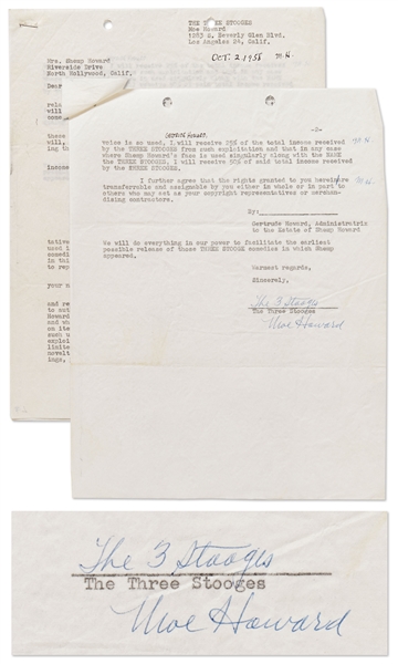 Moe Howard Letter Signed & Initialed 3 Times to Shemp Howard's Widow Regarding Using His Likeness for the Release to TV of Three Stooges Shorts -- Dated 2 October 1958 -- 2pp. on 2 Sheets -- Near Fine