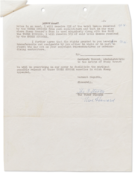 Moe Howard Letter Signed & Initialed 3 Times to Shemp Howard's Widow Regarding Using His Likeness for the Release to TV of Three Stooges Shorts -- Dated 2 October 1958 -- 2pp. on 2 Sheets -- Near Fine