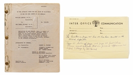 Moe Howards Copy of His 1961 Deposition in Marilyn Server vs. The Three Stooges Lawsuit -- Runs Over 200pp. with Incredible Detail of 3 Stooges History -- Plus Handwritten Columbia Memo Signed by Moe