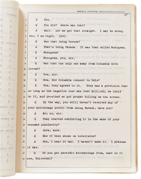 Moe Howard's Copy of His 1961 Deposition in Marilyn Server vs. The Three Stooges Lawsuit -- Runs Over 200pp. with Incredible Detail of 3 Stooges History -- Plus Handwritten Columbia Memo Signed by Moe