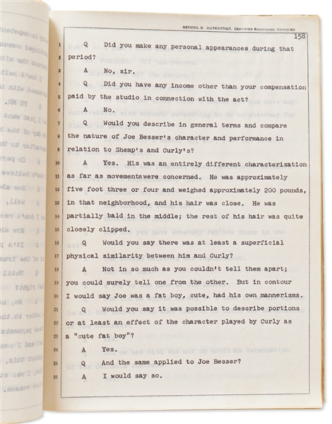 Moe Howard's Copy of His 1961 Deposition in Marilyn Server vs. The Three Stooges Lawsuit -- Runs Over 200pp. with Incredible Detail of 3 Stooges History -- Plus Handwritten Columbia Memo Signed by Moe