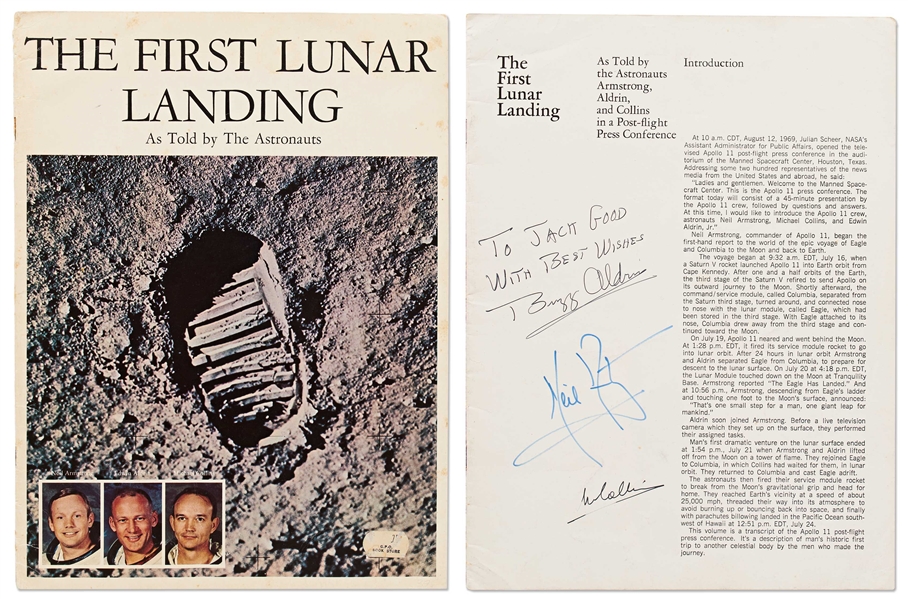 Apollo 11 Crew-Signed ''First Lunar Landing'' Book -- Signed by All Three: Armstrong, Aldrin & Collins -- With Steve Zarelli COA