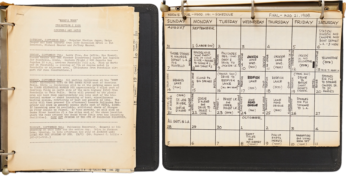 Binder Marked ''3 Stooges Code Book'' with ''Kook's Tour'' 1969 Production Schedule Plus ''Daily Code Sheets'' Filled Out -- Runs 22pp.