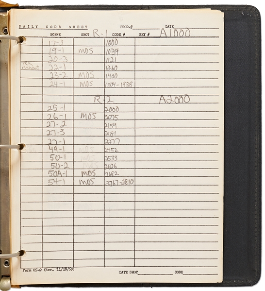 Binder Marked ''3 Stooges Code Book'' with ''Kook's Tour'' 1969 Production Schedule Plus ''Daily Code Sheets'' Filled Out -- Runs 22pp.