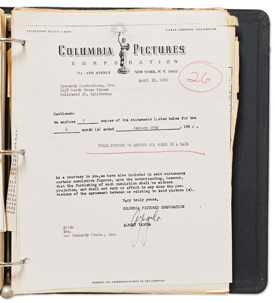 Accounting Binder & Columbia Pictures Memos from 1963-68 for ''The Three Stooges Go Around the World in a Daze'' -- Approx. 200pp. of Budgets, International Box Office Data, Expenses Etc. -- Very Good