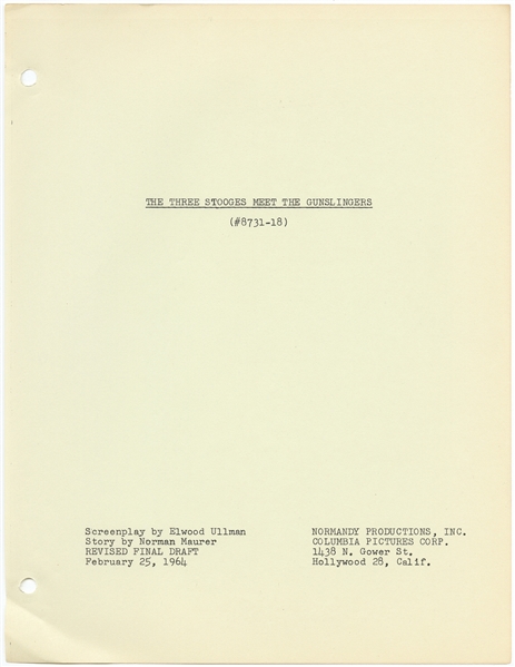 ''The Three Stooges Meet the Gunslingers'' Revised Final Draft Screenplay Dated 28 February 1964 -- Runs Over 120pp. -- Very Good Condition