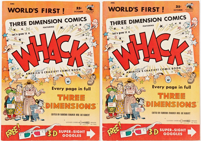 13 Copies of ''Whack'' (St. John, 1953) -- 10 Copies of #1 and 3 Copies of #2 -- Light Wear to #1 Copies & Missing 3-D Glasses to 6; Moderate Wear & Chipping to #3 Copies with Covers of 2 Detached