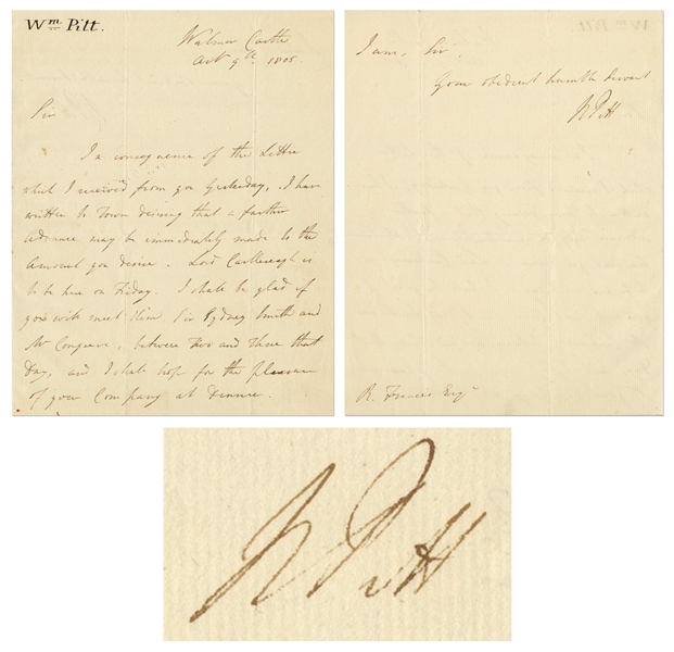 William Pitt the Younger Autograph Letter Signed as Prime Minster of the United Kingdom