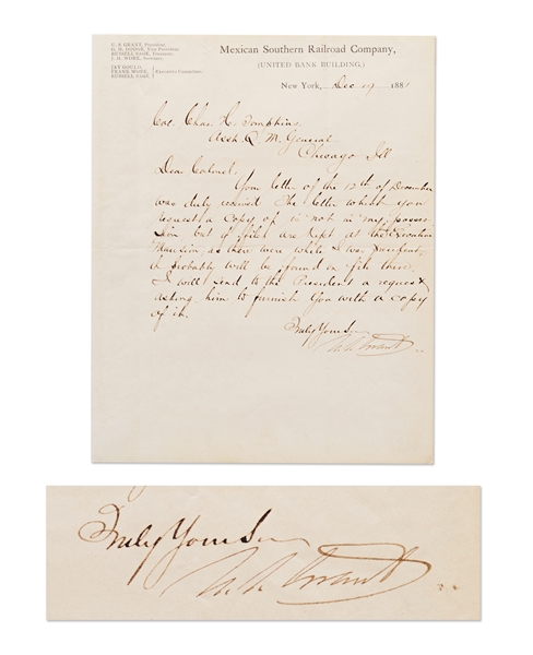 Ulysses S. Grant Letter Signed as President of the Mexican Southern Railroad Company