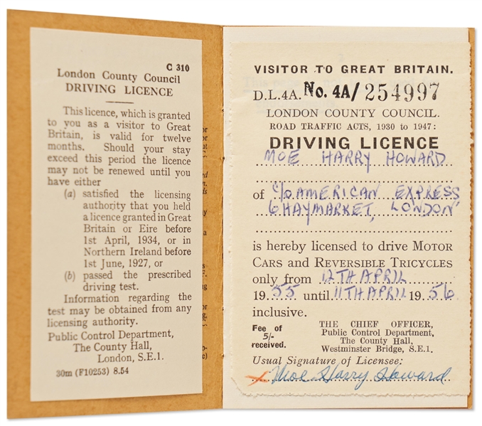 Moe Howard Signed UK Driver's License Dated 12 April 1955 -- Signed ''Moe Harry Howard'' -- License Opens Like a Book, Measures 2.5'' x 3.875'' Folded -- Very Good Plus Condition
