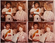 Four 8 x 10 Color Glossy Photos of Joan Howard Maurer and Michael Jackson Holding Three Stooges Memorabilia -- With MJJ Productions Stamp on Verso of Each -- Near Fine