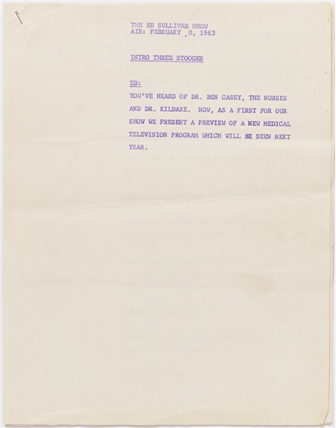 Three Stooges Script for an Appearance on a February 1963 Episode of ''The Ed Sullivan Show'' -- Photostat Script Runs 8pp., Stapled at Top Left -- Very Good Condition