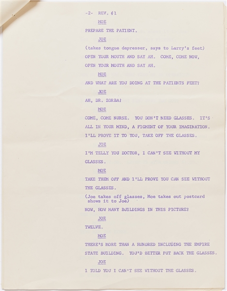Three Stooges Script for an Appearance on a February 1963 Episode of ''The Ed Sullivan Show'' -- Photostat Script Runs 8pp., Stapled at Top Left -- Very Good Condition