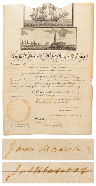 James Madison Ships Papers Signed as President -- Countersigned by James Monroe as Secretary of State
