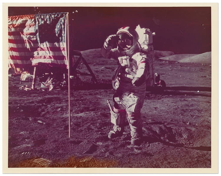 NASA Photo from Apollo 17 Showing Commander Gene Cernan Saluting the U.S. Flag -- On ''A Kodak Paper''