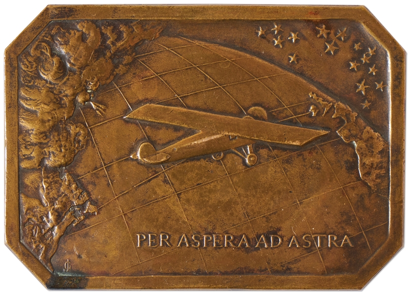 1927 Brass Plaque Commemorating Charles Lindberghs Nonstop Transatlantic Flight -- From the Estate of Early Aviation Executive Paul Bratton