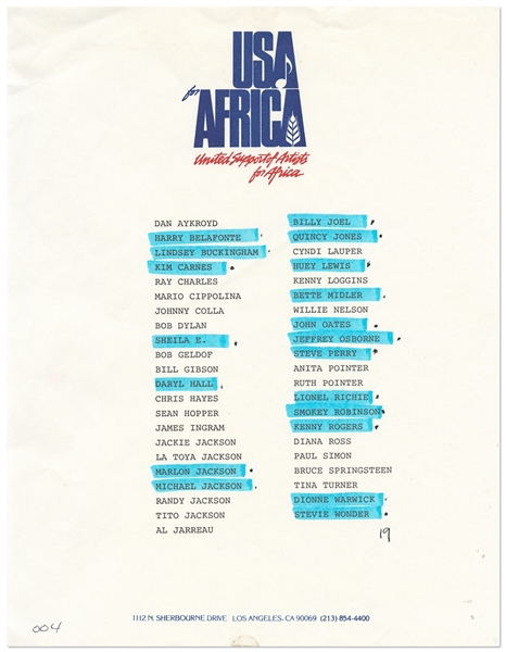Historic ''USA for Africa'' Poster Signed by 19 Musical Artists From the 1985 Charity Single ''We Are The World'' -- Including Michael Jackson & Billy Joel