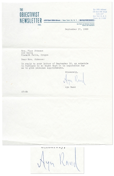 Ayn Rand Letter Signed from 1963 on ''The Objectivist Newsletter'' Stationery