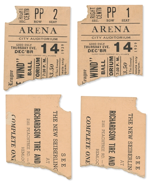 ''Gone With the Wind'' Archive of Rare Items Related to the Film's Atlanta Premiere -- Includes Two World Premiere Movie Premiere Tickets, Movie Program, Two World Premiere Ball Tickets & Ball Program