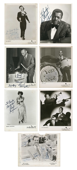 Lot of Seven 8'' x 10'' Photos Signed by Jazz & Swing Musicians -- Includes Billie Holiday, Louis Armstrong, Cozy Cole, Lionel Hampton, Oscar Peterson, Sarah Vaughan, and Cab Colloway