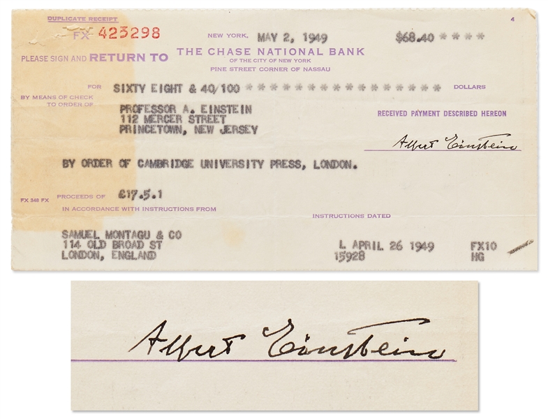 Albert Einstein Document Signed with His Full Name, ''Albert Einstein'' -- Einstein Signs a Receipt for Book Royalties