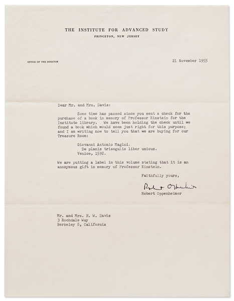 Robert Oppenheimer Letter Signed -- Regarding a Book to Honor the Memory of Albert Einstein