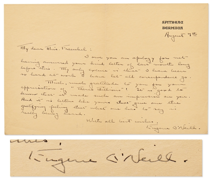 Eugene O'Neill Autograph Letter Signed -- ''...Much, much gratitude to you for your appreciation of 'Marco Millions'!...''