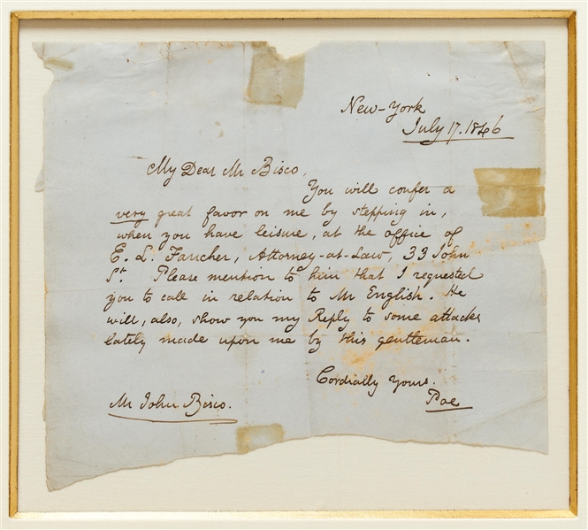 Important Edgar Allan Poe Autograph Letter Signed, Regarding His Famous Feud with Poet Thomas Dunn English -- ''...in relation to Mr. English...some attacks lately made upon me by this gentleman...''