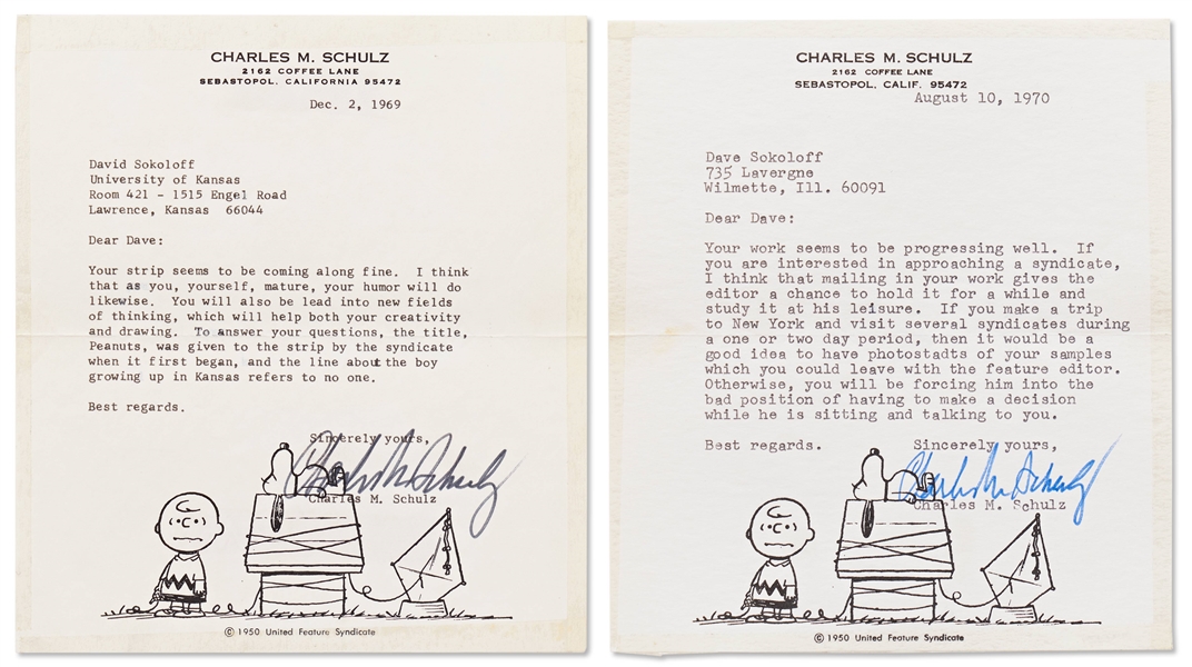 Charles Schulz Lot of Two Letters Signed, Giving Guidance to a Young Comic Artist -- ...the title, Peanuts, was given to the strip by the syndicate when it first began...