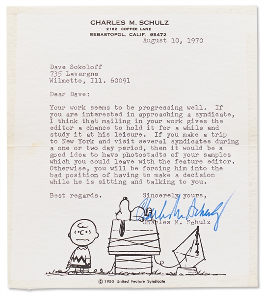 Charles Schulz Lot of Two Letters Signed, Giving Guidance to a Young Comic Artist -- ''...the title, Peanuts, was given to the strip by the syndicate when it first began...''