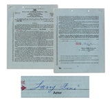 Lot of Moe Howard and Larry Fine Signed Items -- Includes 6 Larry Fine Signed Contracts and a Moe Howard Signed Check Paid to Larry Fine