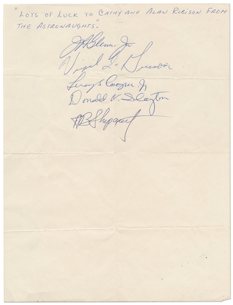 Mercury 7 Signed Document -- Signed by 5 of the Original Astronaut Group Including Gus Grissom