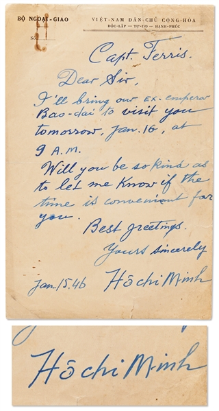Ho Chi Minh Autograph Letter Signed from 1946 -- ''...I'll bring our EX-emperor Bao-dai to visit you...''