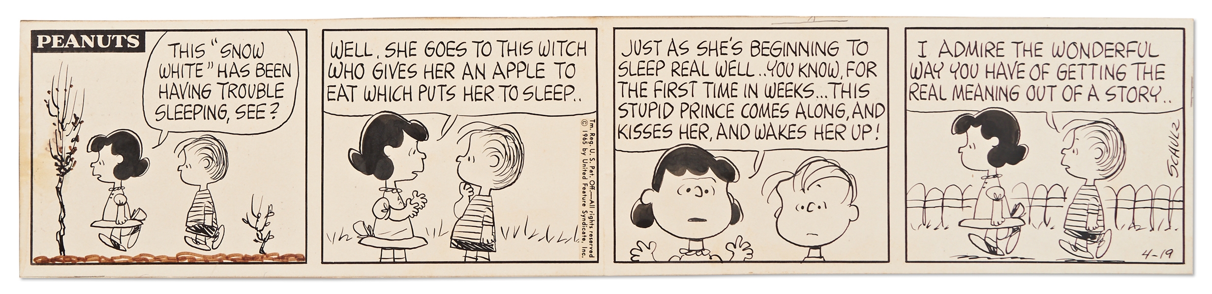 Charles Schulz Original Hand-Drawn ''Peanuts'' Comic Strip from 1965 -- Lucy Explains the ''Snow White'' Fairy Tale to Linus