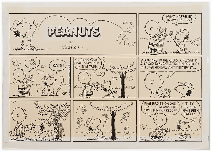 Charles Schulz Original Hand-Drawn ''Peanuts'' Sunday Comic Strip -- Snoopy & Charlie Brown Play Golf