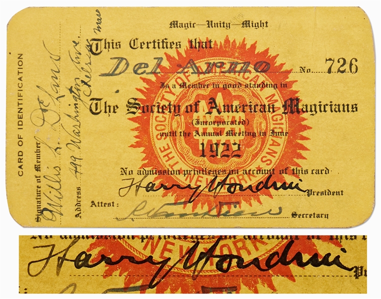 Harry Houdini Signed Membership Card for The Society of American Magicians