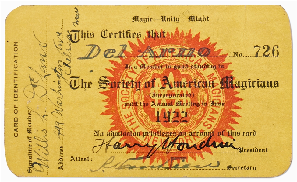 Harry Houdini Signed Membership Card for The Society of American Magicians