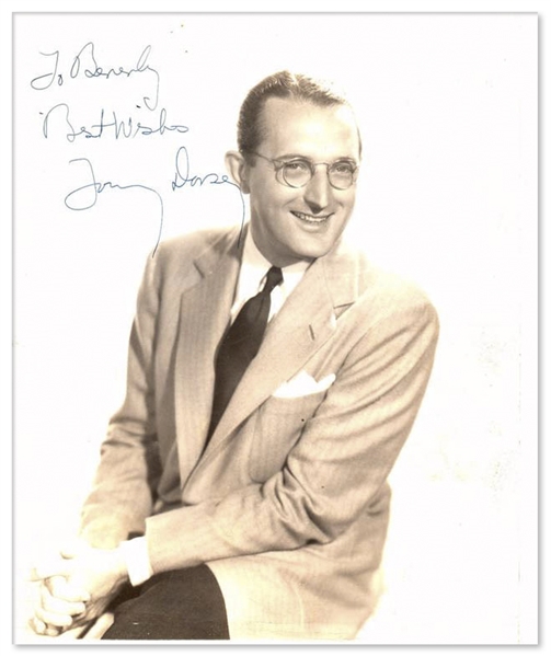 8 x 10 Glossy Signed Photo To Beverly / Best Wishes / Tommy Dorsey -- Creasing to Left Margin -- Good Plus Condition