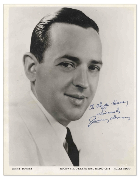 Jimmy Dorsey 8 x 10 Signed Photo -- Boldly Signed in Ink, To Clyde Haney / Sincerely / Jimmy Dorsey -- Near Fine