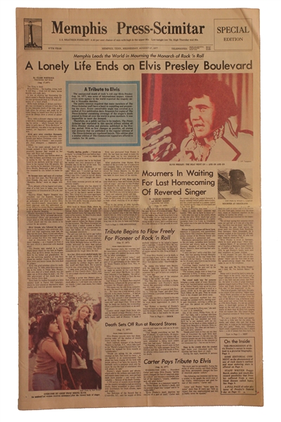 Elvis Presley Death Newspaper From His Hometown Memphis -- Special Edition Following His 16 August 1977 Death -- A Tribute to Elvis