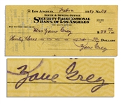 Zane Grey 1937 Holograph Check Signed -- Prolific Author of Popular Western Novels