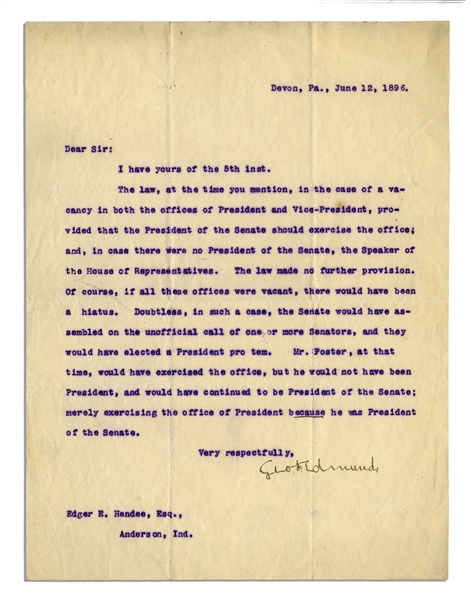 1896 Letter Regarding Presidential Succession in the Case of Abraham Lincoln