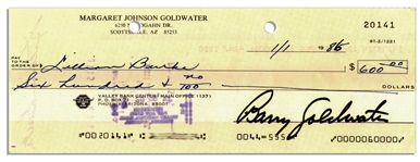 Barry Goldwater Check Signed as Senator From Arizona Dated 1 January 1986 -- Written on the Account of His Wife, Margaret Johnson Goldwater -- Measures 8.25 x 3 -- Very Good